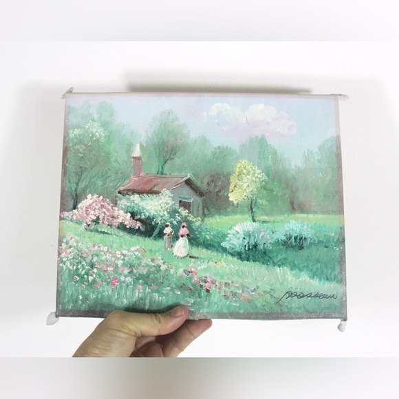 Vintage Oil Painting, Signed, Floral Field Trees Cottage Impressionist Small - Picture 9 of 9